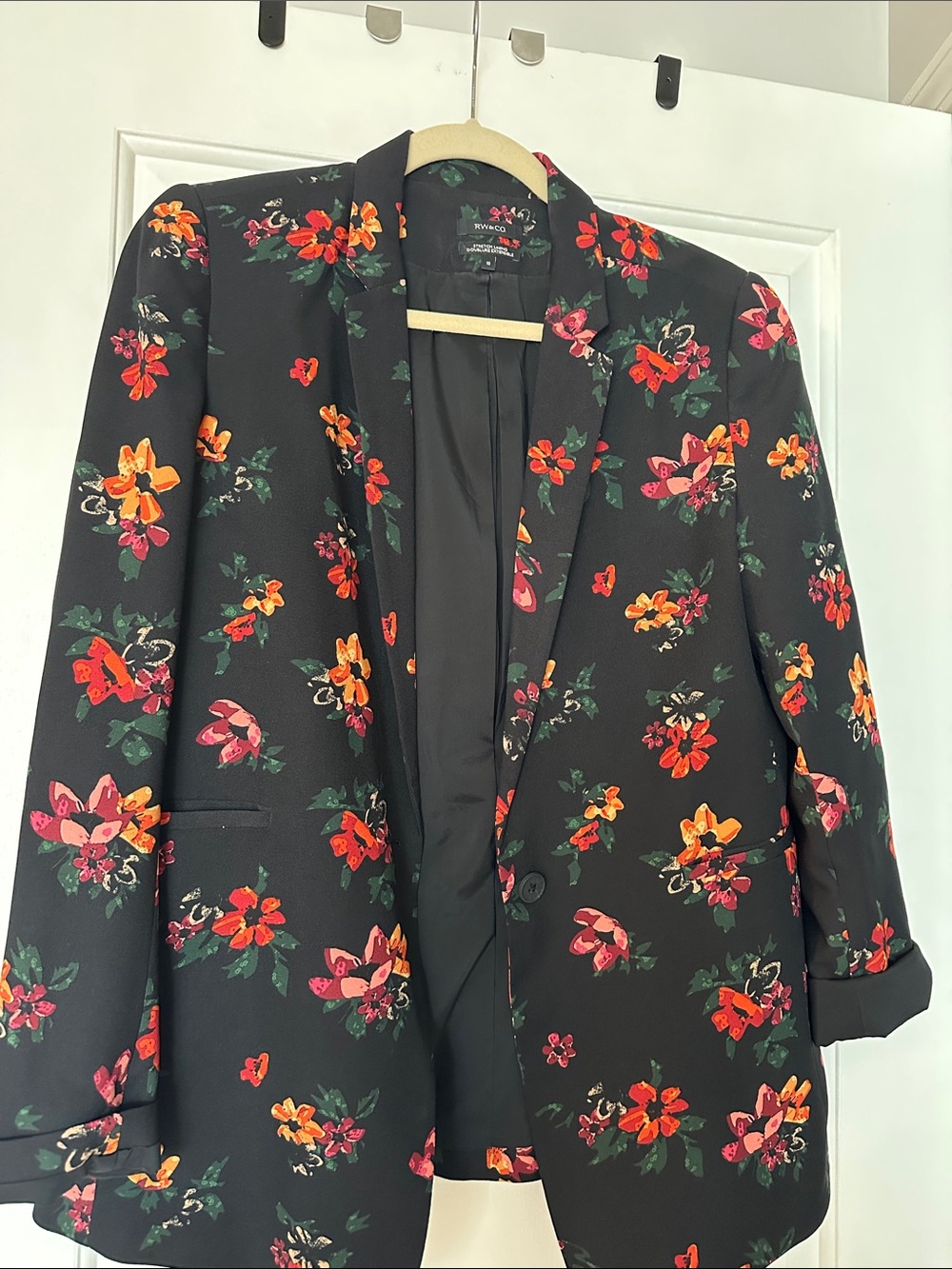 Black Floral Blazer - Black with Red & Orange Floral Print